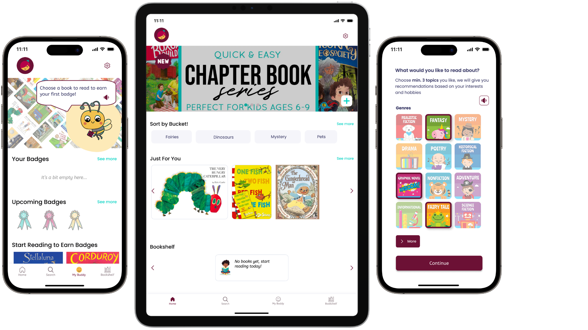 Three Screens lined up showing different pages in the app